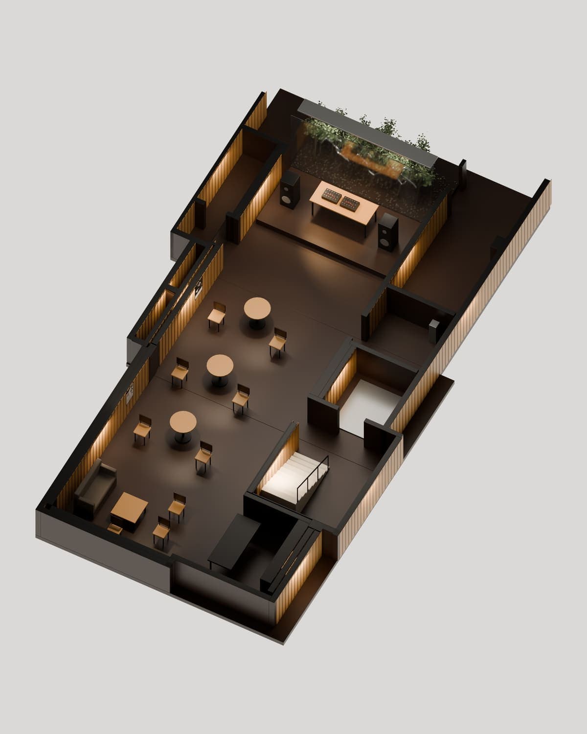 Rendering of the B1 live room with stage, tables and lounge