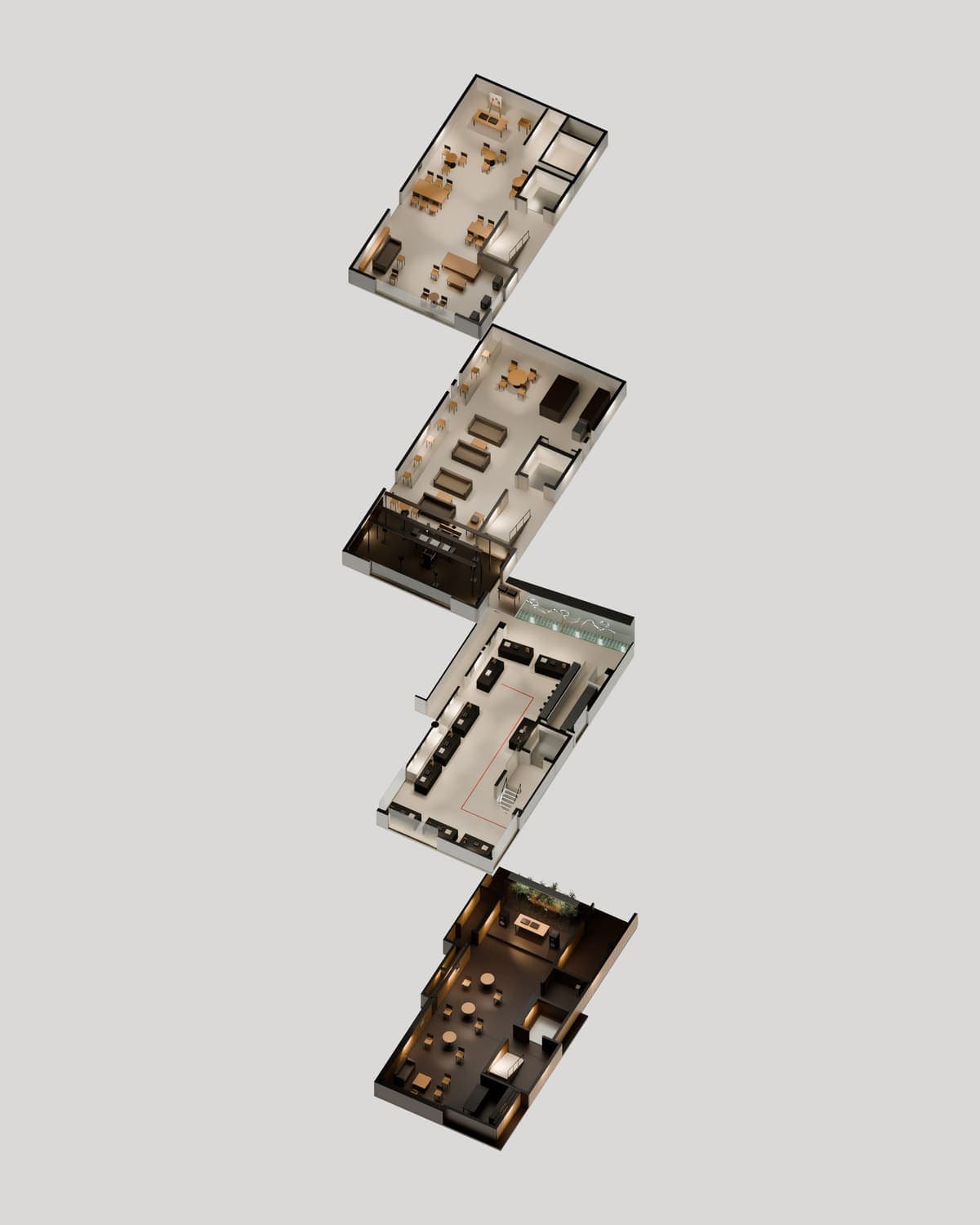 Rendering of the four floors of Gongwon Script Garosu-gil, from B1 to 3F, stacked vertically